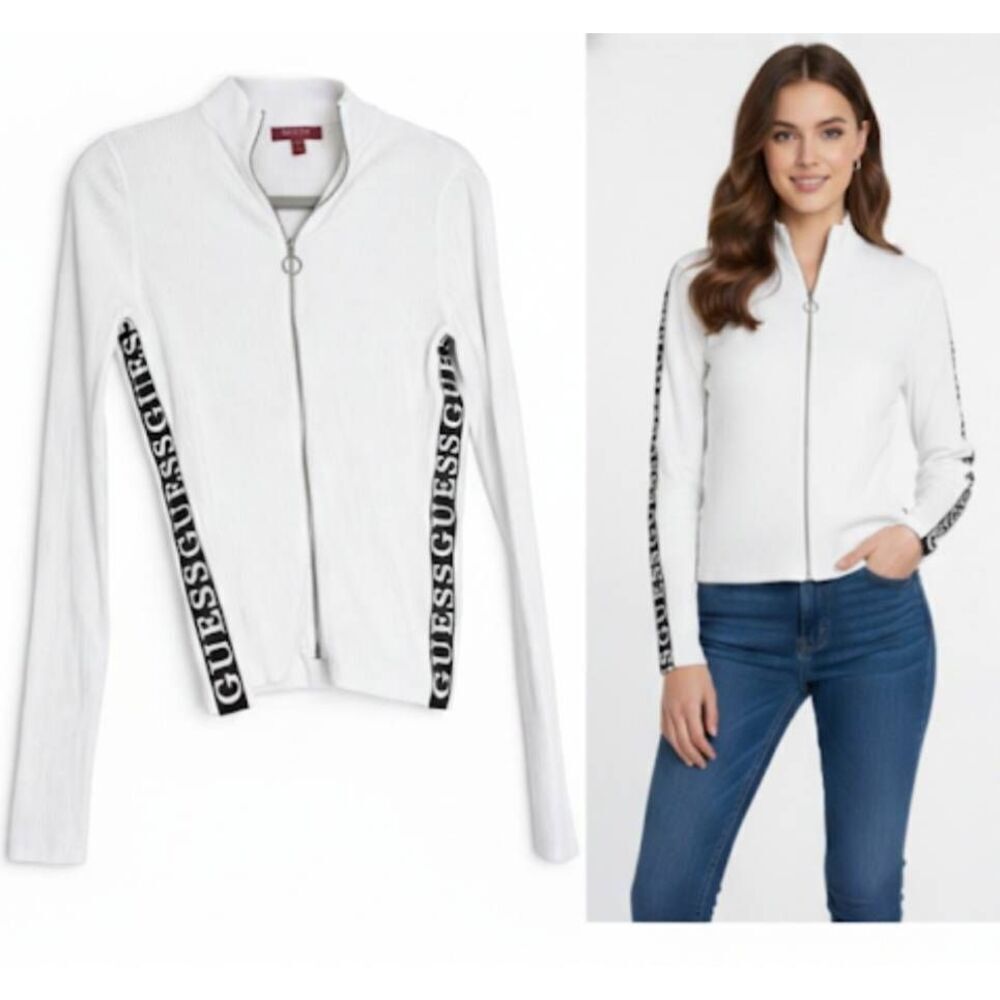 Guess los Angeles womens small full zip sweater white fitted ribbed stretch